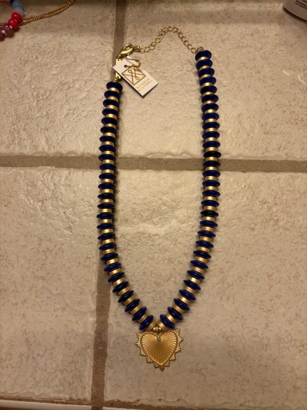 NWT Gold Heart Pendant Necklace with Navy Beads